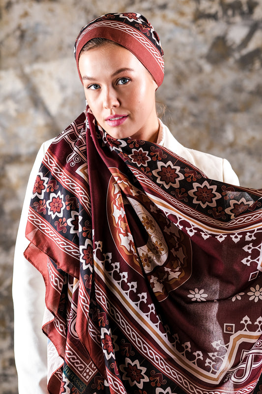 Nava Desen Soft Vual Şal Amber Bordo